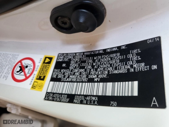 2014 Toyota Highlander XLE with VIN 5TDJKRFH9ES037892, listed as a Copart auction lot 47655895 with 0 mi miles and Salvage Title. Bid and sale history available at carsss.com. Image 15.