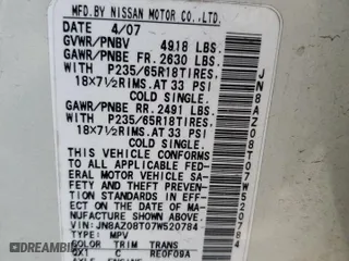 2007 Nissan Murano SL with VIN JN8AZ08T07W520784, listed as a Copart auction lot 44788425 with 142,928 mi miles and Salvage Title. Bid and sale history available at carsss.com. Image 12.