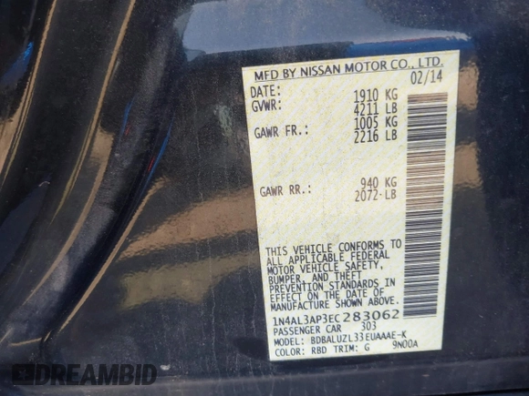2014 Nissan Altima 2.5 S with VIN 1N4AL3AP3EC283062, listed as a IAAI auction lot 41666952 with 163,557 mi miles. Bid and sale history available at carsss.com. Image 9.