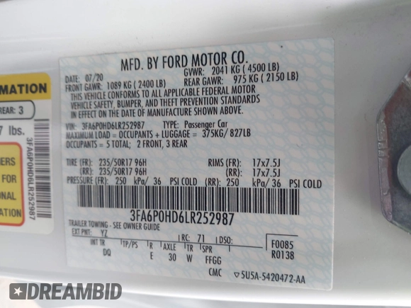 2020 Ford Fusion SE with VIN 3FA6P0HD6LR252987, listed as a IAAI auction lot 42064351 with 63,832 mi miles and . Bid and sale history available at carsss.com. Image 9.