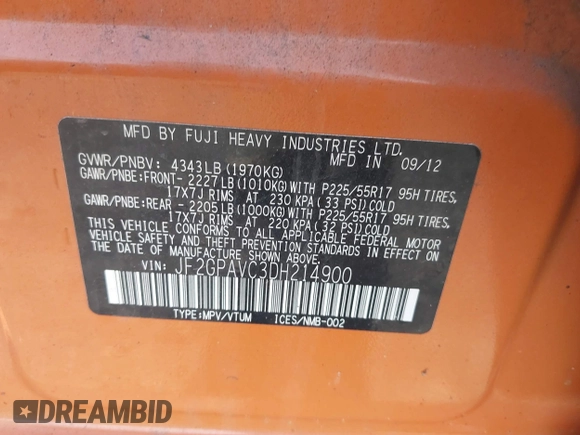 2013 Subaru Crosstrek Premium z VIN JF2GPAVC3DH214900, wystawiony jako IAAI lot #42504029 z przebiegiem 204 332 mil mil oraz . Historia ofert i sprzedaży dostępna na DreamBid. Obrazek 9.