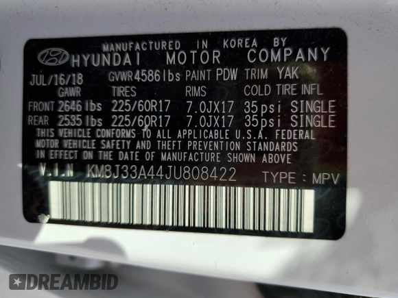 2018 Hyundai Tucson SEL Plus with VIN KM8J33A44JU808422, listed as a Copart auction lot 45018025 with 65,161 mi miles and Salvage Title. Bid and sale history available at carsss.com. Image 13.