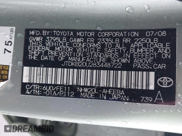 2008 Toyota Prius with VIN JTDKB20U283448722, listed as a IAAI auction lot 41500219 with Not Provided miles and . Bid and sale history available at DreamBid. Image 9.