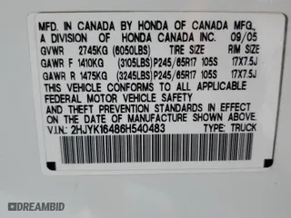 2006 Honda Ridgeline RTS with VIN 2HJYK16486H540483, listed as a Copart auction lot 56866334 with 167,858 mi miles and Salvage Title. Bid and sale history available at carsss.com. Image 12.
