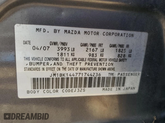 2007 Mazda 3 S Sport with VIN JM1BK144771744236, listed as a Copart auction lot 48684865 with 181,643 mi miles and Salvage Title. Bid and sale history available at DreamBid. Image 13.