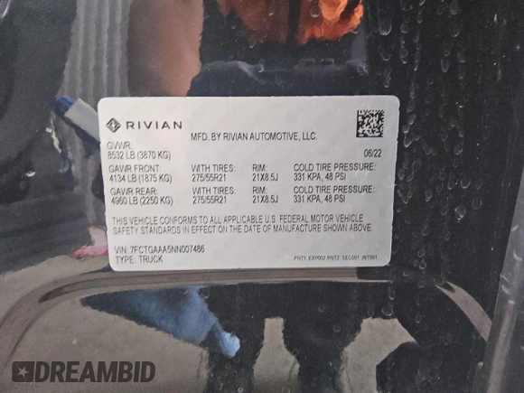 2022 Rivian R1T Adventure z VIN 7FCTGAAA5NN007486, wystawiony jako Copart lot #52649075 z przebiegiem 23 292 mil mil oraz Czysty tytuł • Clean title. Historia ofert i sprzedaży dostępna na DreamBid. Obrazek 13.