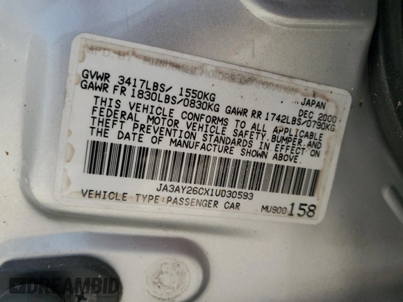 2001 Mitsubishi Mirage ES z VIN JA3AY26CX1U030593, wystawiony jako Copart lot #83749264 z przebiegiem 107 641 mil mil oraz Szkoda całkowita • Salvage title. Historia ofert i sprzedaży dostępna na DreamBid. Obrazek 13.