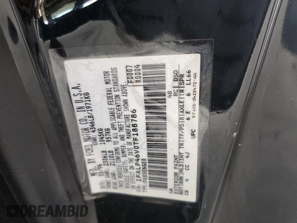 1996 Ford Mustang Cobra with VIN 1FALP46V0TF188786, listed as a Copart auction lot 57933355 with 36,931 mi miles and Salvage title. Bid and sale history available at DreamBid. Image 12.