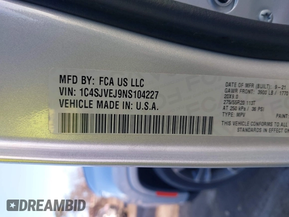 2022 Jeep Grand Wagoneer Series I with VIN 1C4SJVEJ9NS104227, listed as a IAAI auction lot 41421966 with 25,576 mi miles and . Bid and sale history available at DreamBid. Image 9.