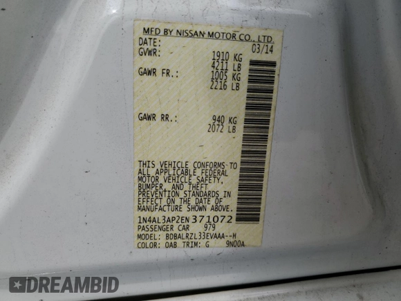 2014 Nissan Altima 2.5 S with VIN 1N4AL3AP2EN371072, listed as a Copart auction lot 50982375 with 170,735 mi miles and Salvage Title. Bid and sale history available at carsss.com. Image 14.