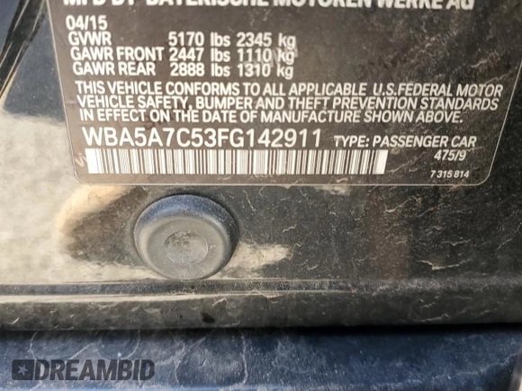 2015 BMW 5 Series 528i xDrive with VIN WBA5A7C53FG142911, listed as a Copart auction lot 49093285 with Not Provided miles and Salvage Title. Bid and sale history available at carsss.com. Image 12.