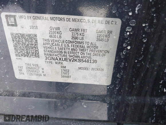 2019 Chevrolet Equinox LT z VIN 3GNAXUEV2KS548130, wystawiony jako IAAI lot #41587689 z przebiegiem 70 019 mil mil oraz . Historia ofert i sprzedaży dostępna na DreamBid. Obrazek 9.