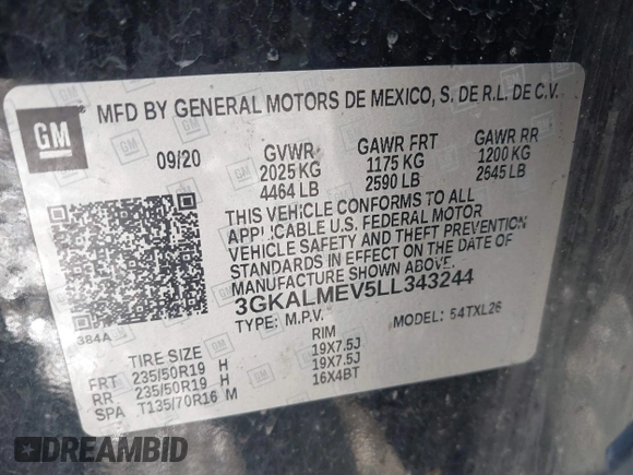 2020 GMC Terrain SLE with VIN 3GKALMEV5LL343244, listed as a IAAI auction lot 41632154 with 93,454 mi miles. Bid and sale history available at carsss.com. Image 9.