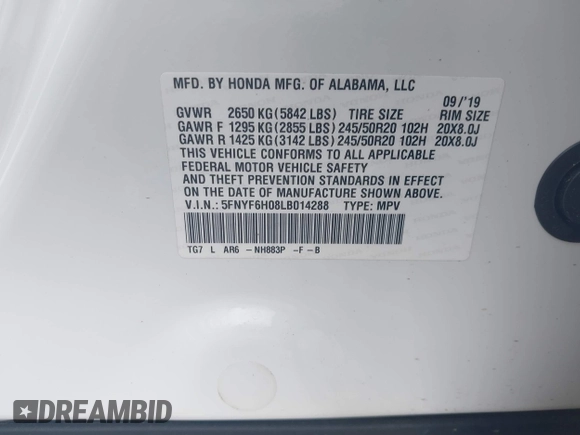 2020 Honda Pilot Elite with VIN 5FNYF6H08LB014288, listed as a IAAI auction lot 40496871 with 57,921 mi miles and . Bid and sale history available at DreamBid. Image 9.