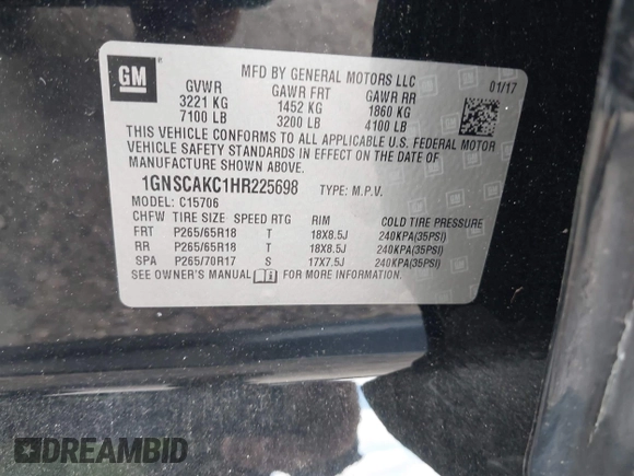 2017 Chevrolet Tahoe LS with VIN 1GNSCAKC1HR225698, listed as a IAAI auction lot 42044712 with 89,605 mi miles and . Bid and sale history available at DreamBid. Image 9.
