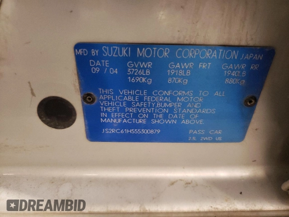 2005 Suzuki Aerio SX z VIN JS2RC61H555300879, wystawiony jako Copart lot #80481084 z przebiegiem 129 196 mil mil oraz Szkoda całkowita • Salvage title. Historia ofert i sprzedaży dostępna na DreamBid. Obrazek 14.