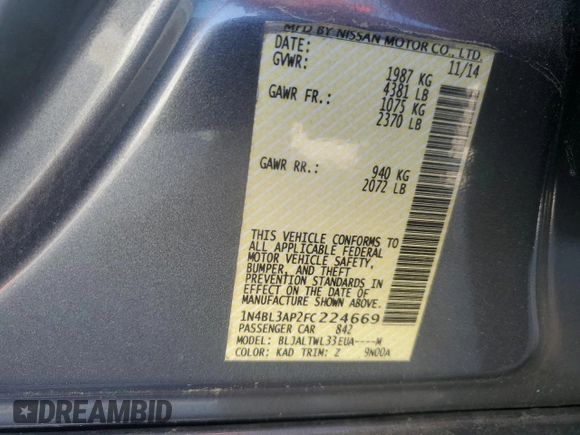 2015 Nissan Altima SL с VIN 1N4BL3AP2FC224669, выставлен на аукционе Copart как лот 52874435 с пробегом 167 768 миль миль и Списание • Salvage title. История ставок и продаж доступна на DreamBid. Изображение 12.