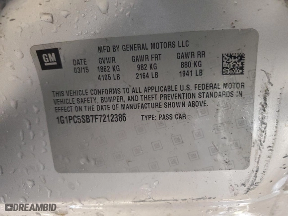 2015 Chevrolet Cruze LT with VIN 1G1PC5SB7F7212386, listed as a Copart auction lot 49207995 with 0 mi miles and Non Repairable. Bid and sale history available at carsss.com. Image 13.