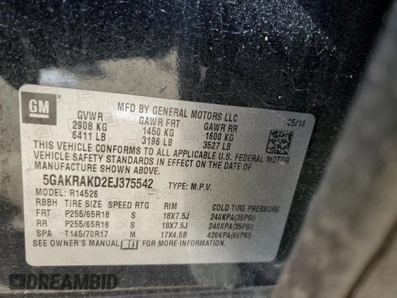 2014 Buick Enclave Convenience with VIN 5GAKRAKD2EJ375542, listed as a Copart auction lot 45338105 with 190,972 mi miles and Salvage Title. Bid and sale history available at carsss.com. Image 15.