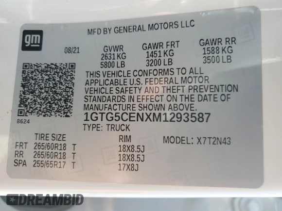 2021 GMC Canyon 2WD Elevation with VIN 1GTG5CENXM1293587, listed as a Copart auction lot 48582395 with 18,708 mi miles and Salvage title. Bid and sale history available at DreamBid. Image 13.