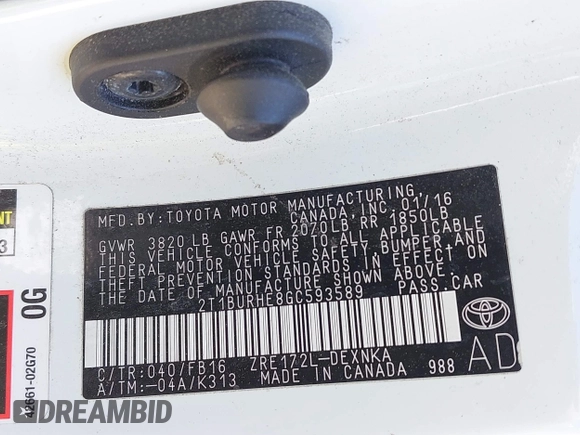 2016 Toyota Corolla L with VIN 2T1BURHE8GC593589, listed as a IAAI auction lot 41875122 with 114,828 mi miles and . Bid and sale history available at DreamBid. Image 9.