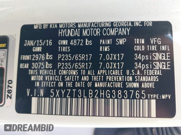 2017 Hyundai Santa Fe 2.4L z VIN 5XYZT3LB2HG383765, wystawiony jako IAAI lot #38642722 z przebiegiem 76 420 mil mil oraz . Historia ofert i sprzedaży dostępna na DreamBid. Obrazek 9.