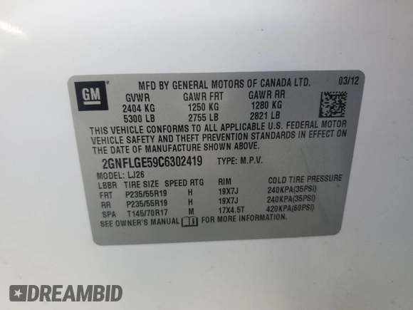 2012 Chevrolet Equinox LTZ with VIN 2GNFLGE59C6302419, listed as a Copart auction lot 55326275 with 135,915 mi miles and Clean Title. Bid and sale history available at carsss.com. Image 13.