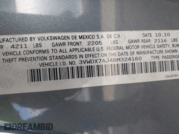 2011 Volkswagen Jetta SE with VIN 3VWDX7AJ4BM324160, listed as a IAAI auction lot 42505233 with 181,277 mi miles and . Bid and sale history available at DreamBid. Image 9.
