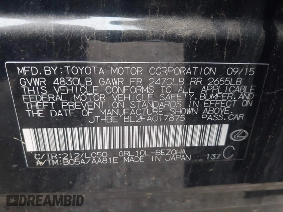 2015 Lexus GS 350 with VIN JTHBE1BL2FA017875, listed as a IAAI auction lot 41964090 with 80,788 mi miles and . Bid and sale history available at DreamBid. Image 9.