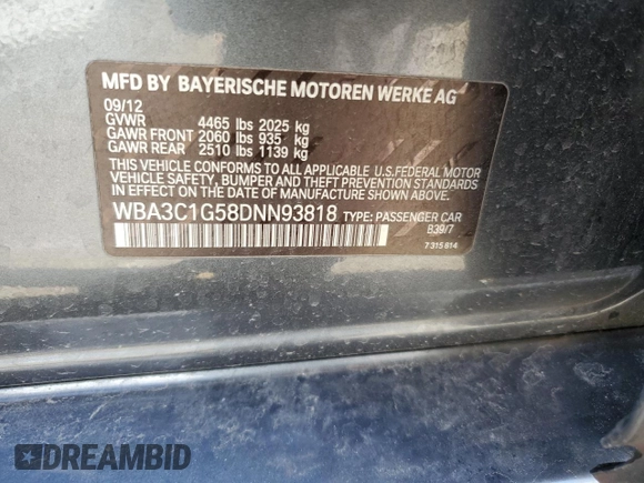 2013 BMW 3 Series 328i с VIN WBA3C1G58DNN93818, выставлен на аукционе Copart как лот 48855045 с пробегом 122 400 миль миль и Списание • Salvage title. История ставок и продаж доступна на DreamBid. Изображение 12.