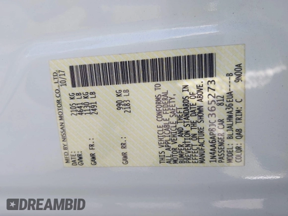 2018 Nissan Maxima S with VIN 1N4AA6AP8JC365273, listed as a IAAI auction lot 41749857 with 84,150 mi miles and . Bid and sale history available at DreamBid. Image 9.