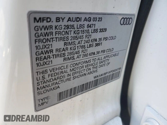 2023 Audi Q8 Premium with VIN WA1AVBF1XPD024739, listed as a Copart auction lot 88641505 with 21,585 mi miles and Salvage title. Bid and sale history available at DreamBid. Image 14.