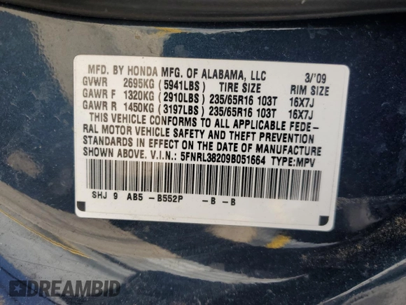 2009 Honda Odyssey LX z VIN 5FNRL38209B051664, wystawiony jako Copart lot #56710125 z przebiegiem 123 mil mil oraz Nie do naprawy • Non repairable. Historia ofert i sprzedaży dostępna na DreamBid. Obrazek 13.