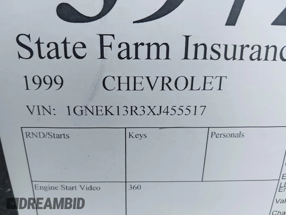 1999 Chevrolet Tahoe Z71 z VIN 1GNEK13R3XJ455517, wystawiony jako IAAI lot #39726972 z przebiegiem Nie podano mil oraz . Historia ofert i sprzedaży dostępna na DreamBid. Obrazek 9.