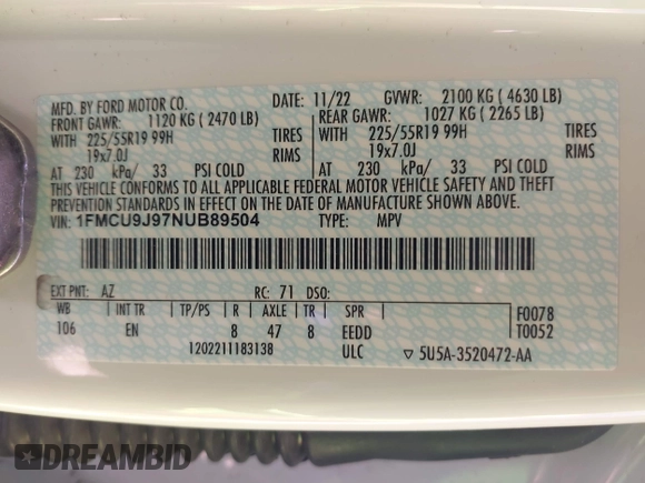 2022 Ford Escape Titanium z VIN 1FMCU9J97NUB89504, wystawiony jako IAAI lot #42571833 z przebiegiem Nie podano mil oraz . Historia ofert i sprzedaży dostępna na DreamBid. Obrazek 9.