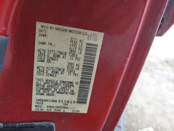 2010 Nissan Titan SV with VIN 1N6BA0CC8AN315819, listed as a Copart auction lot 86954804 with NaN miles and Salvage Title. Bid and sale history available at carsss.com. Image 12.