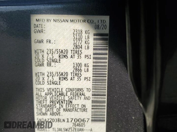 2020 Nissan Murano Platinum с VIN 5N1AZ2DJ8LN170067, выставлен на аукционе Copart как лот 49173855 с пробегом 73 704 миль миль и Списание • Salvage title. История ставок и продаж доступна на DreamBid. Изображение 15.
