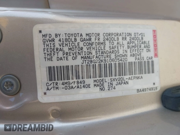 2001 Toyota Camry CE with VIN JT2BG22K910605420, listed as a IAAI auction lot 42109747 with 89,426 mi miles and . Bid and sale history available at DreamBid. Image 9.