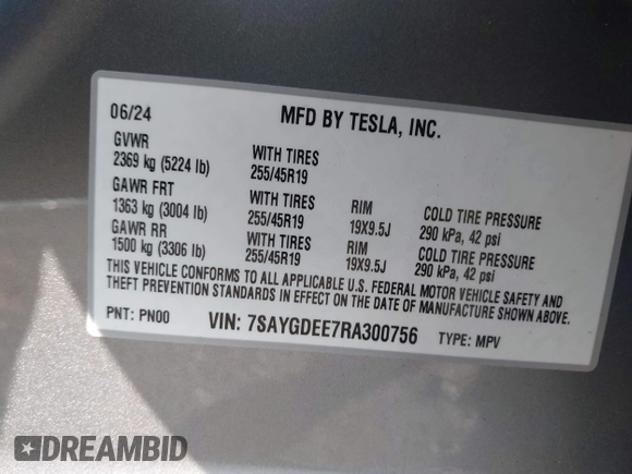 2024 Tesla Model Y Long Range z VIN 7SAYGDEE7RA300756, wystawiony jako IAAI lot #41922910 z przebiegiem 4 262 mil mil oraz . Historia ofert i sprzedaży dostępna na DreamBid. Obrazek 9.