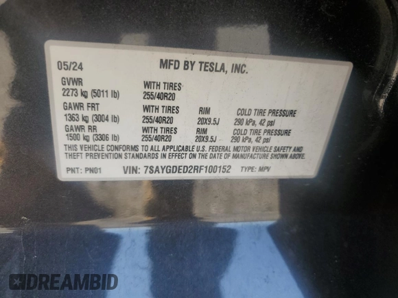 2024 Tesla Model Y с VIN 7SAYGDED2RF100152, выставлен на аукционе Copart как лот 52133535 с пробегом 7 632 миль миль и Списание • Salvage title. История ставок и продаж доступна на DreamBid. Изображение 16.