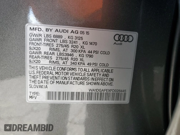 2015 Audi Q7 3.0T S line Prestige with VIN WA1DGAFEXFD026445, listed as a Copart auction lot 88716035 with 40,492 mi miles and Salvage Title. Bid and sale history available at carsss.com. Image 13.