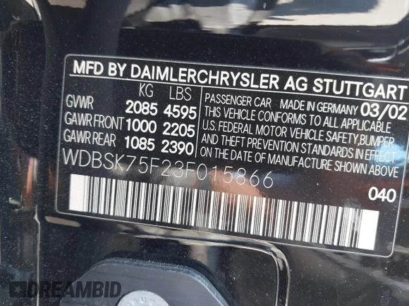 2003 Mercedes-Benz SL 500 with VIN WDBSK75F23F015866, listed as a IAAI auction lot 42415510 with 141,049 mi miles and . Bid and sale history available at DreamBid. Image 9.