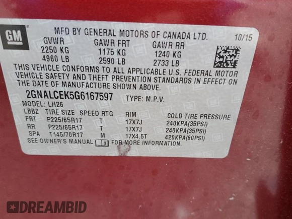2016 Chevrolet Equinox LT with VIN 2GNALCEK5G6167597, listed as a Copart auction lot 52778655 with 93,152 mi miles and Salvage Title. Bid and sale history available at carsss.com. Image 13.