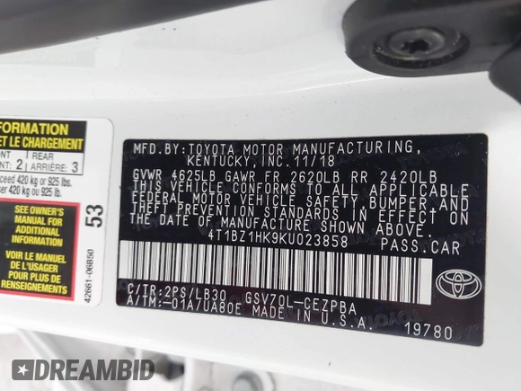 2019 Toyota Camry XSE с VIN 4T1BZ1HK9KU023858, выставлен на аукционе IAAI как лот 42218518 с пробегом 51 613 миль миль и . История ставок и продаж доступна на DreamBid. Изображение 9.