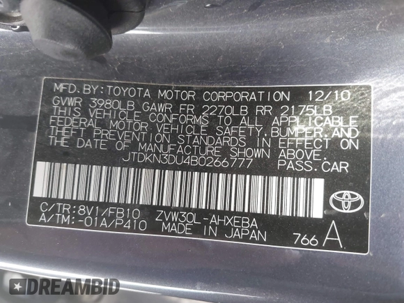 2011 Toyota Prius I with VIN JTDKN3DU4B0266777, listed as a IAAI auction lot 41577700 with 178,838 mi miles. Bid and sale history available at carsss.com. Image 9.