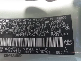 2009 Toyota Prius with VIN JTDKB20U597870574, listed as a IAAI auction lot 42141535 with 69,133 mi miles. Bid and sale history available at carsss.com. Image 9.