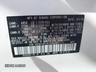 2020 Subaru Outback Touring with VIN 4S4BTAPC0L3100362, listed as a IAAI auction lot 42134757 with 104,887 mi miles and . Bid and sale history available at DreamBid. Image 9.