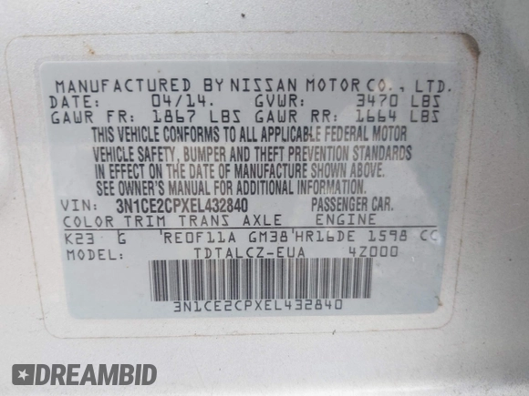 2014 Nissan Note S Plus z VIN 3N1CE2CPXEL432840, wystawiony jako IAAI lot #42487373 z przebiegiem 76 278 mil mil oraz . Historia ofert i sprzedaży dostępna na DreamBid. Obrazek 9.