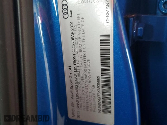 2019 Audi RS 3 z VIN WUABWGFF6KA905869, wystawiony jako Copart lot #75100574 z przebiegiem 53 920 mil mil oraz Nie do naprawy. Historia ofert i sprzedaży dostępna na DreamBid. Obrazek 13.