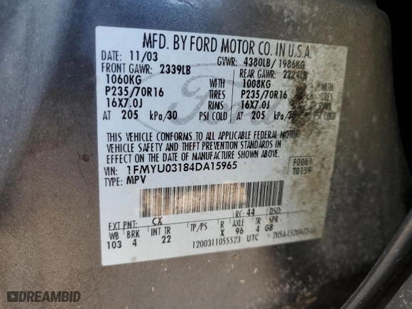 2004 Ford Escape XLT with VIN 1FMYU03184DA15965, listed as a Copart auction lot 42339875 with 209,805 mi miles and Salvage Title. Bid and sale history available at carsss.com. Image 15.